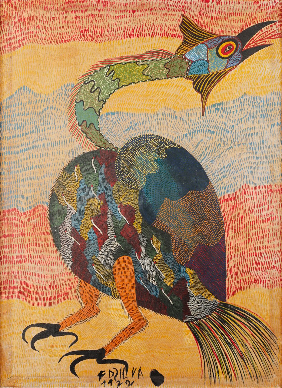 A tall fantastic bird with an arched neck, patchwork body, and long striped tail. Fantastic Bird, Chico da Silva, 1972, acrylic on canvas.