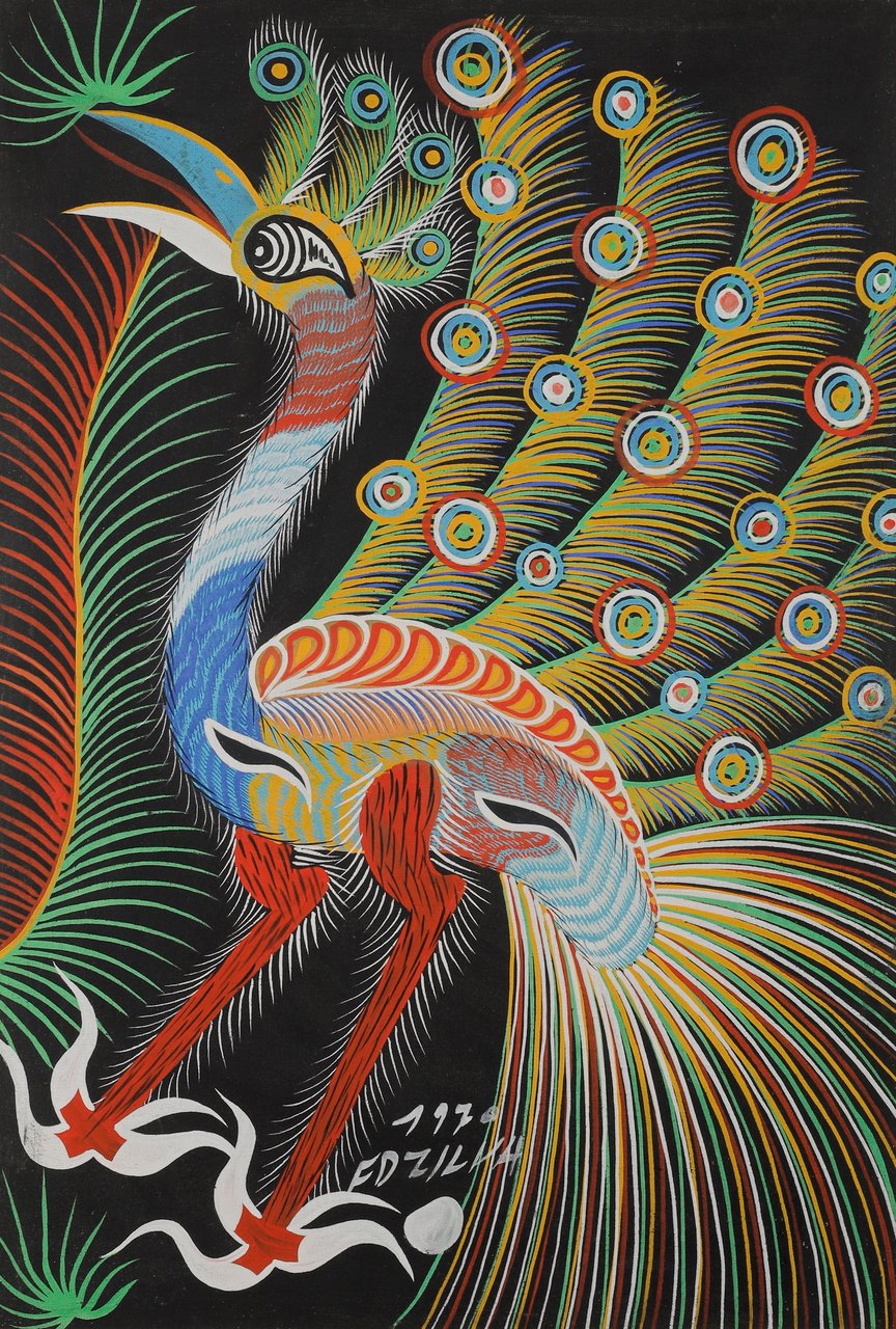 A tall peacock with a fanned tail of colourful eye-spots on a black ground. Peacock, Chico da Silva, 1970, gouache on canvas.