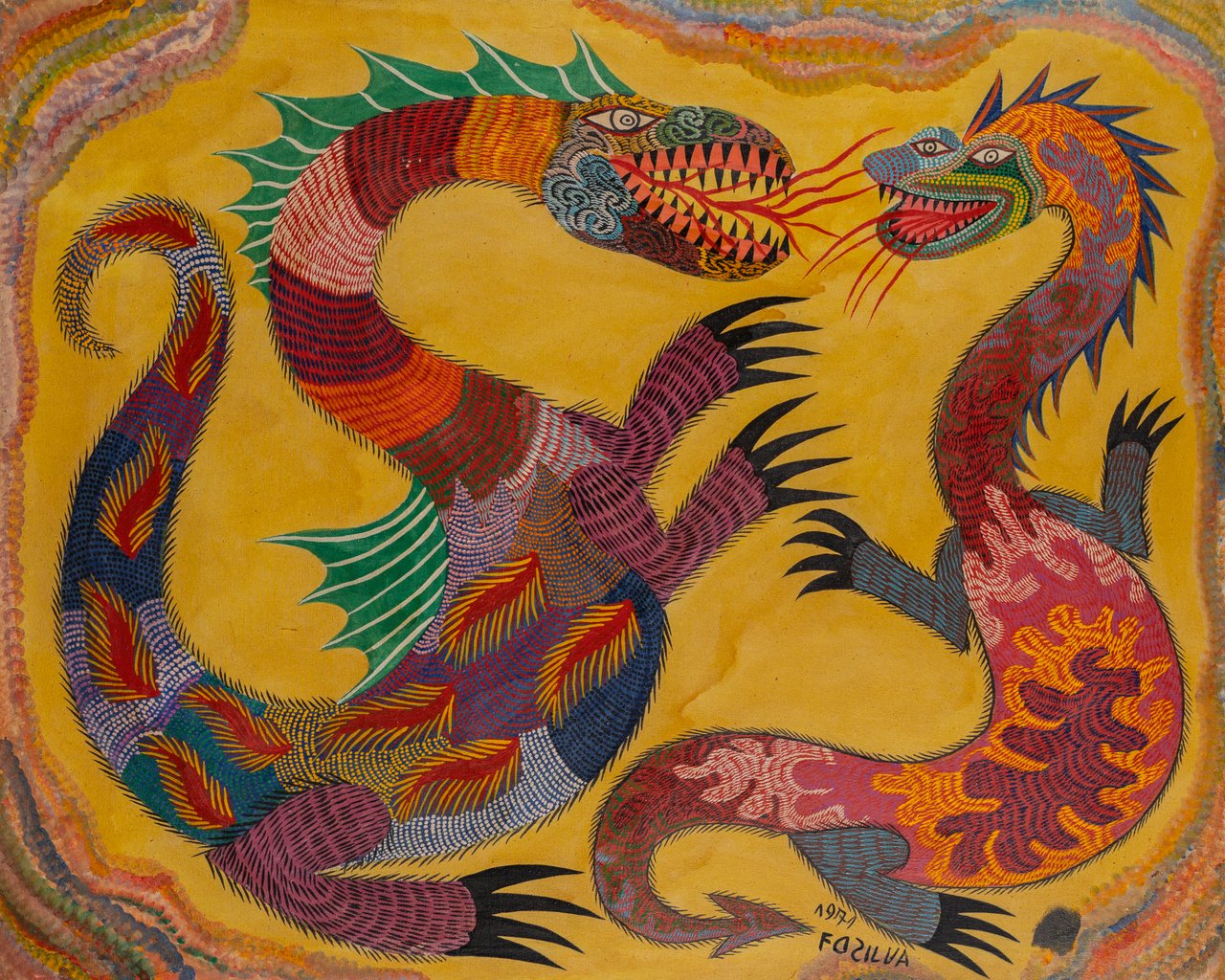 Two confronting horned dragons with scaly bodies, fanned fins and gaping toothy jaws on a yellow ground. Dragons, Chico da Silva, 1971, acrylic on canvas.