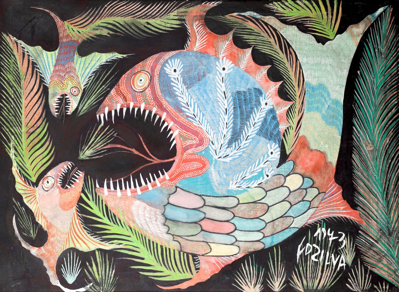 Um peixe grande de boca aberta, mostrando dentes brancos entre peixes menores e folhas de palmeira. Peixes, Chico da Silva, 1973, acrílica sobre tela.