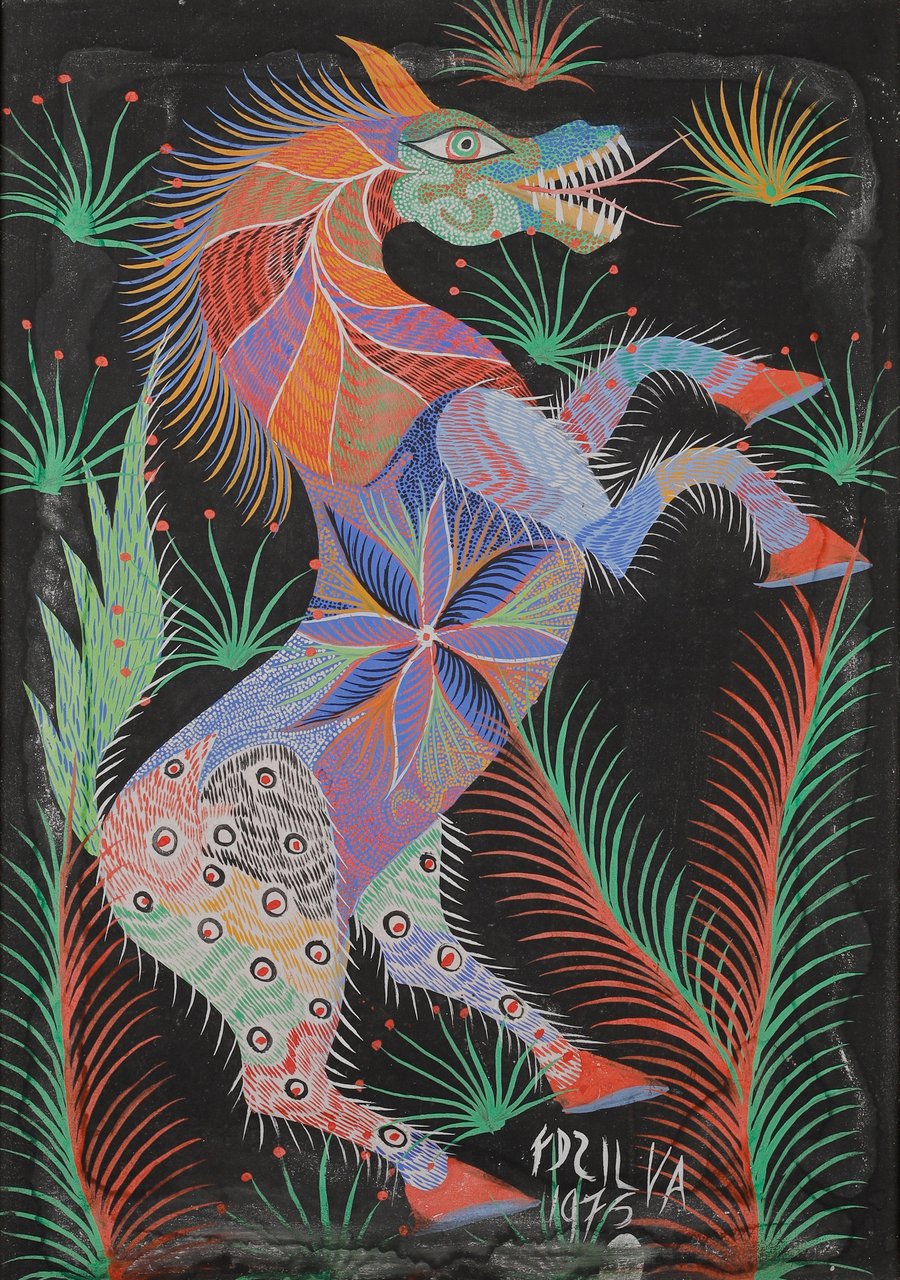 Um cavalo fantástico empinado, de cabeça com presas e corpo padronizado, sobre fundo preto. Cavalo, Chico da Silva, 1975, acrílica sobre tela.