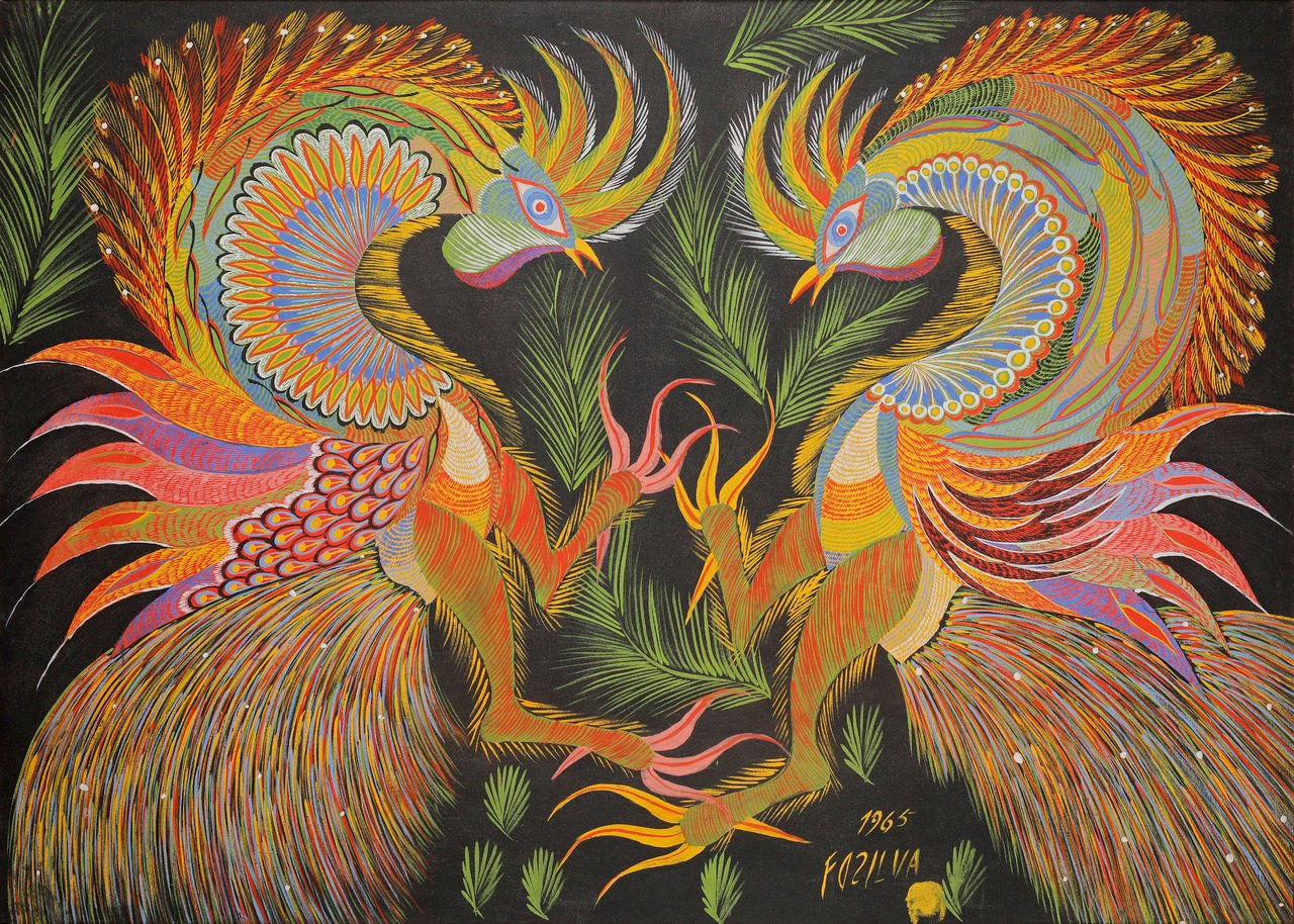 Dois galos em briga, de plumagem multicolorida esvoaçante, sobre fundo preto. Sem título, Chico da Silva, 1965, acrílica sobre tela.