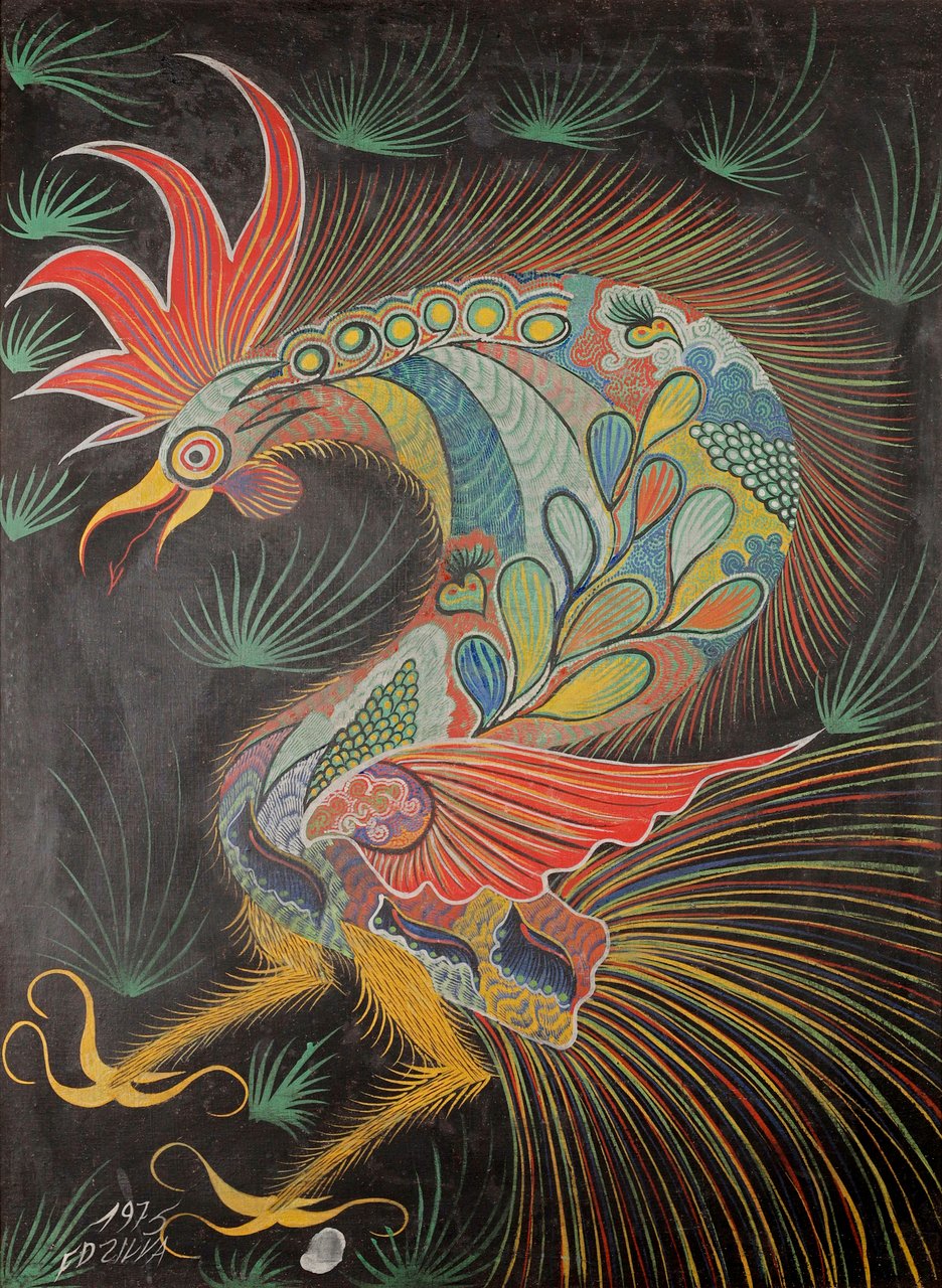 Um galo fantástico e ornamentado, de pescoço curvo e plumagem multicolorida esvoaçante, sobre preto. Sem título, Chico da Silva, 1975, guache sobre tela.