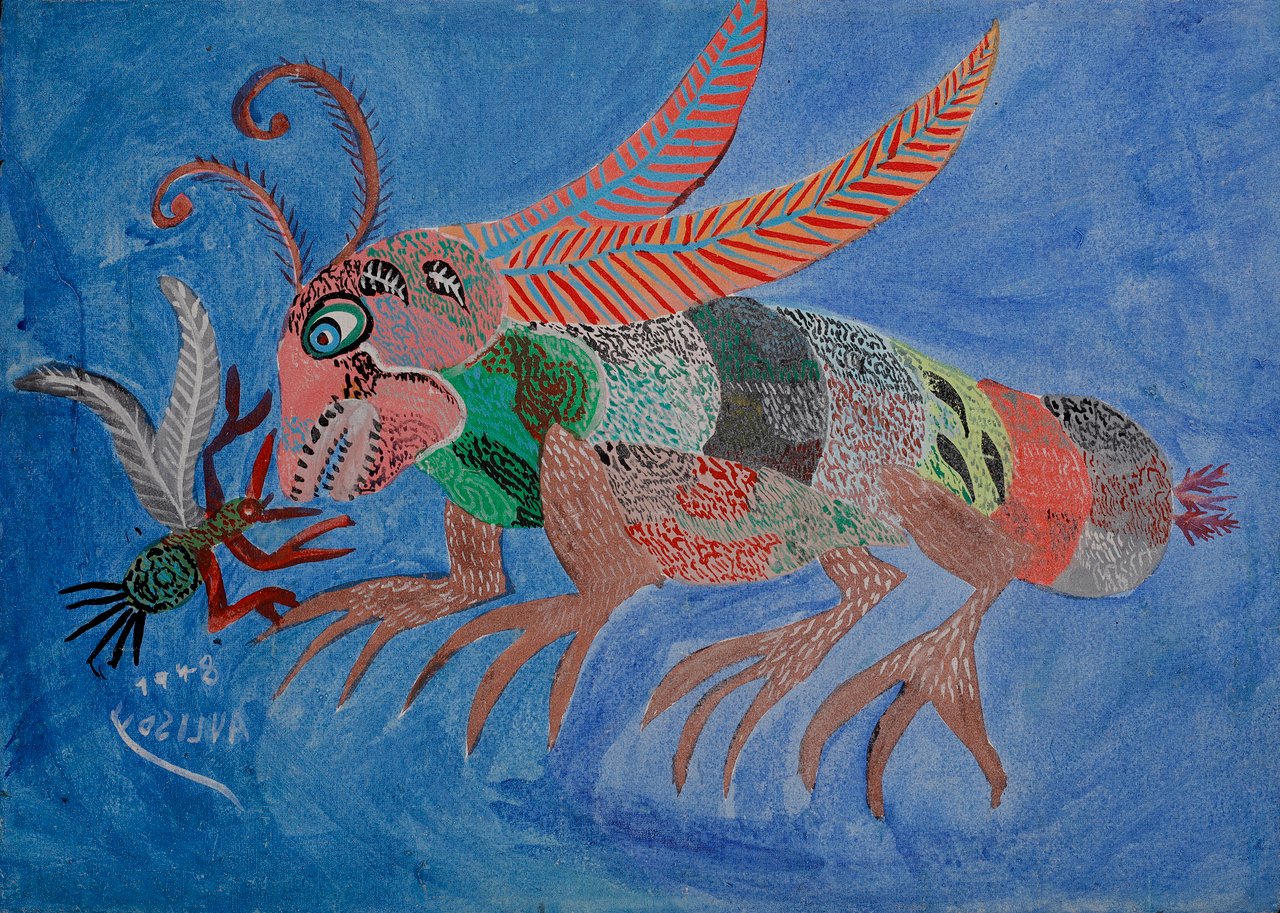 A large fantastic insect attacking a smaller insect on a blue ground. Fantastic Animals, Chico da Silva, 1978, acrylic on canvas.