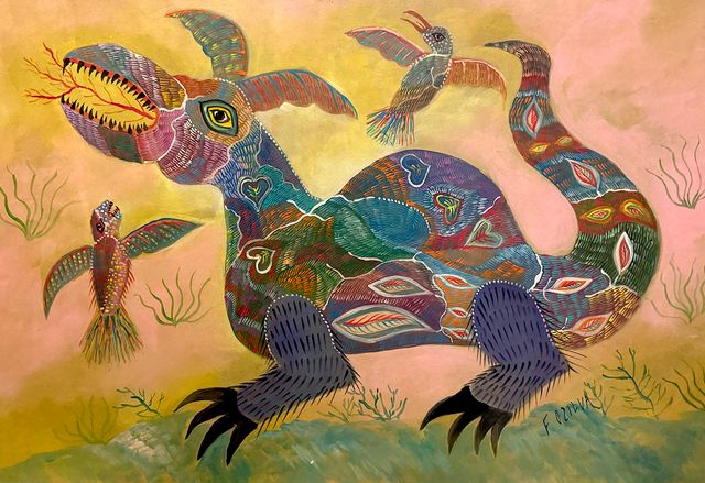A colorful patterned dragon-like creature flanked by two birds on a warm peach ground. Untitled, Chico da Silva, c. 1966, gouache on paper.