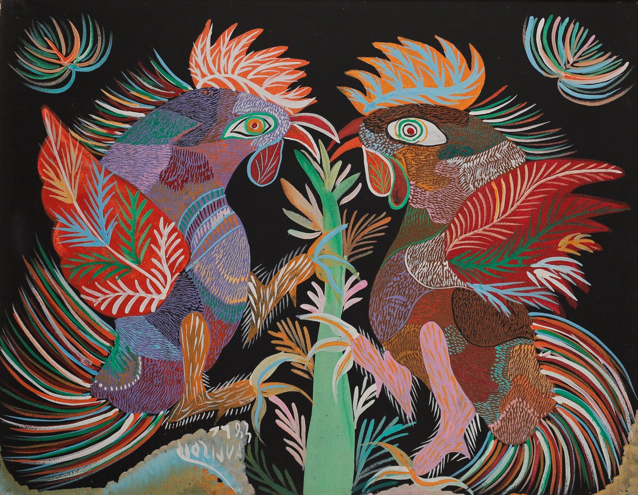 Two roosters facing each other, with spiky crests and sweeping feathers on a black ground. Cockfight, Chico da Silva, 1983, acrylic on canvas.