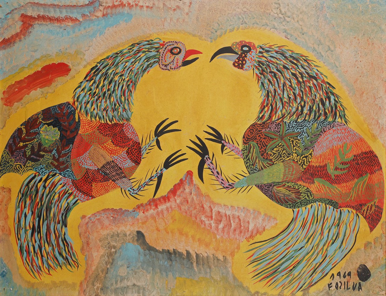 Two elaborately plumed roosters confronting each other against a golden background. Cockfight, Chico da Silva, 1969, gouache on paper.