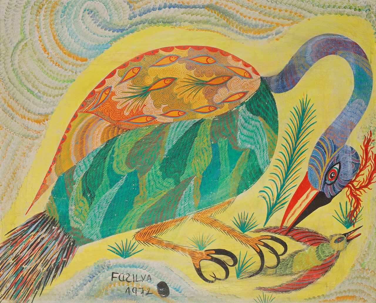 A long-necked blue-headed bird bending over a small bird, on a bright yellow ground. Untitled, Chico da Silva, 1972, acrylic on canvas.