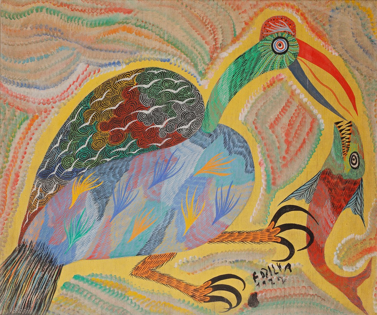 A long-beaked bird facing a fish, with dense patterned bodies on a yellow ground. Untitled, Chico da Silva, 1972, acrylic on canvas.