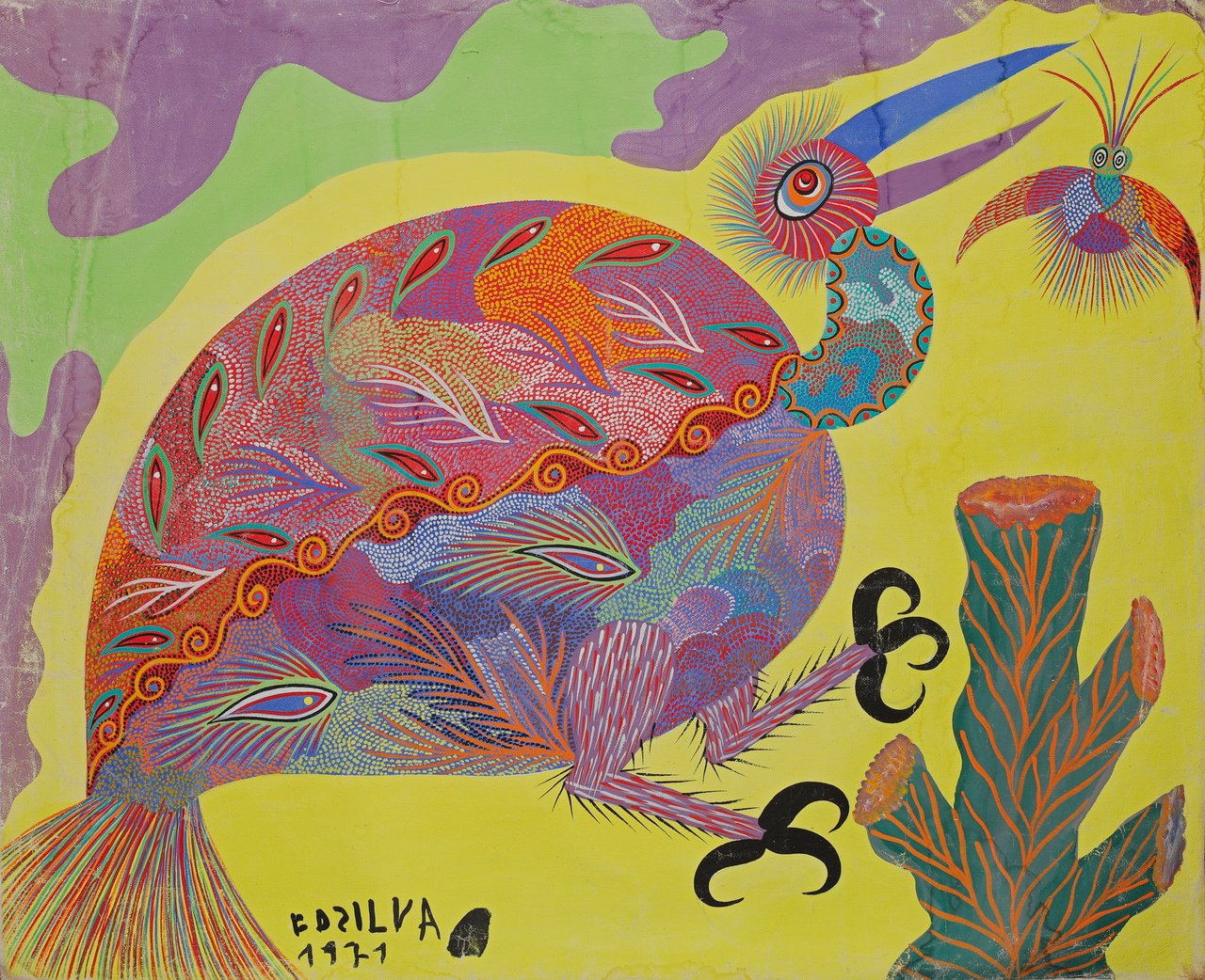 A large rounded bird densely covered in dots and scrolls against a bright yellow ground. Untitled, Chico da Silva, 1971, acrylic on canvas.