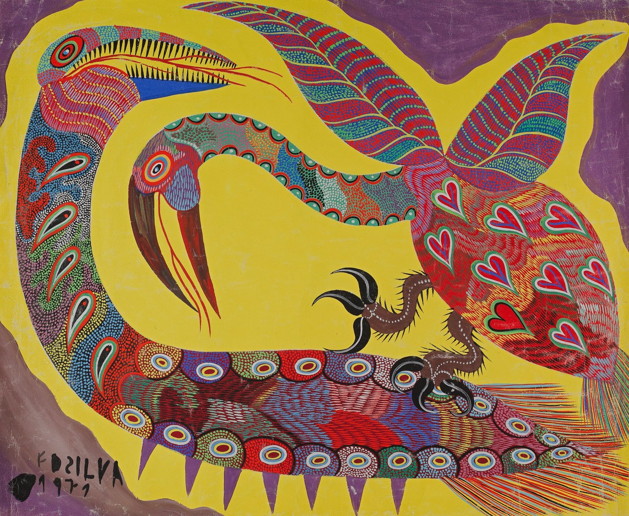 A large curving serpent-bird with heart-spotted wings against a bright yellow ground. Untitled, Chico da Silva, 1971, acrylic on canvas.