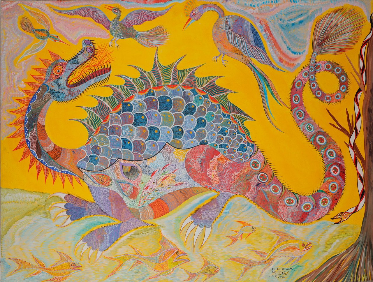 Um grande dragão escamado de longa cauda salpicada sobre fundo amarelo. Dragão, Aves, Peixes e Cobra, Chico da Silva por Babá, 2006, acrílica sobre tela.