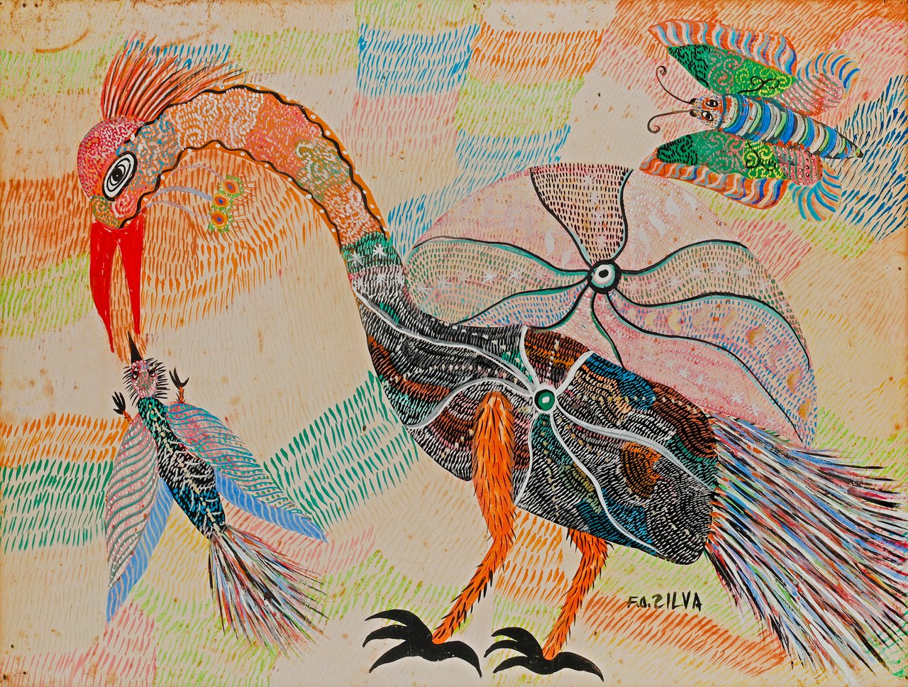 A tall fantastical bird with a spoked, wheel-shaped wing, a small chick, and a striped butterfly above. Fantastic Birds and Butterfly, Chico da Silva, c. 1967, gouache on paper.