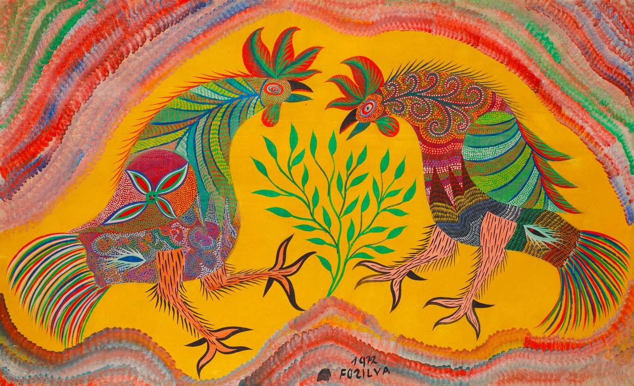 Two ornately patterned roosters facing off over a leafy branch, bordered by a wavy marbled band. Cockfight, Chico da Silva, 1972, gouache on canvas.