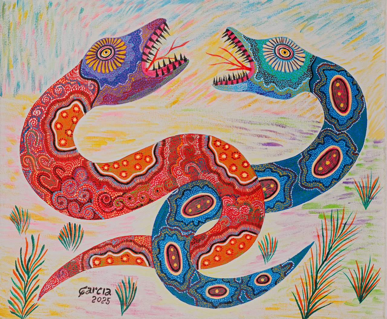 Two serpents with open toothed jaws, their patterned bodies looped and knotted together. Entwined Serpents, Garcia, 2025, acrylic on canvas.