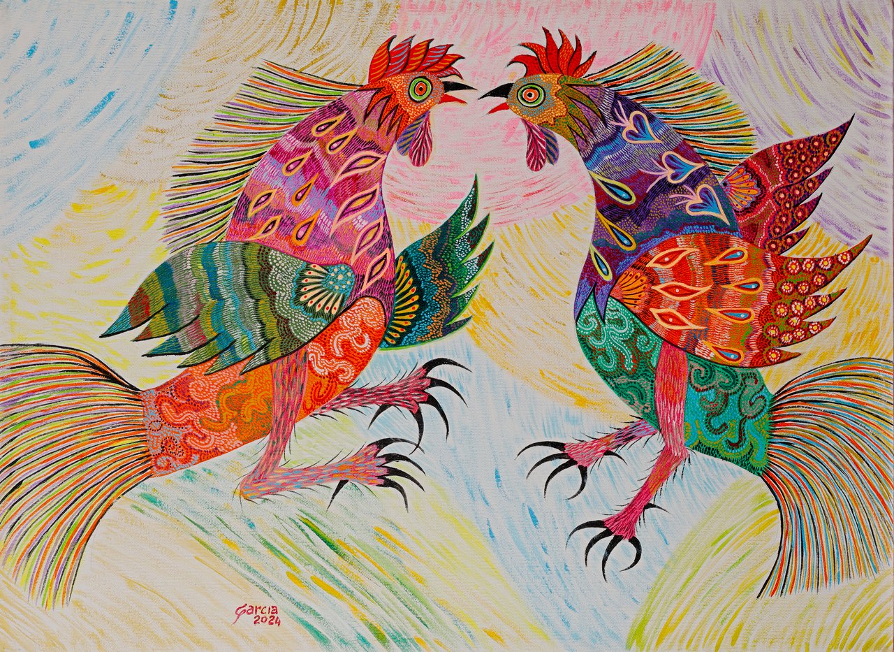 Two roosters facing off with raised claws, beaks almost touching, on a pale streaked ground. Cockfight, Garcia, 2024, acrylic on canvas.