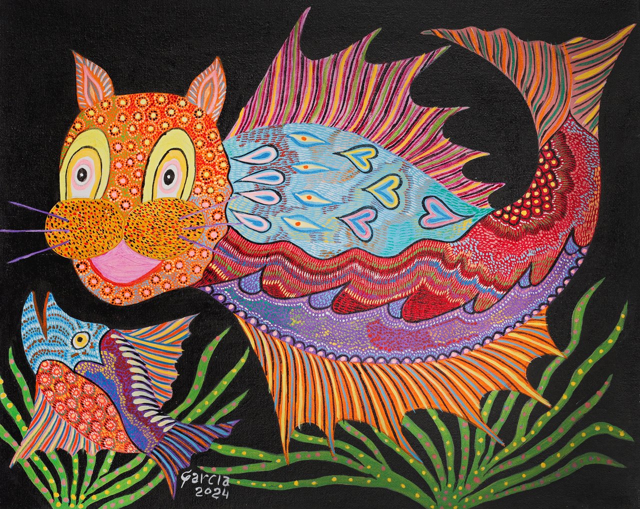 A fish with a smiling cat's head and long whiskers, on a black ground among green fronds. Catfish, Garcia, 2024, acrylic on canvas.