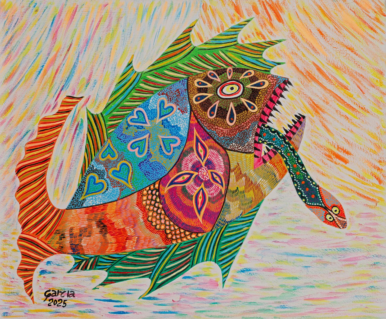 A fantastic fish, its body a mosaic of patterns, with a small head on a long spotted neck. Fantastic Fish, Garcia, 2025, acrylic on canvas.