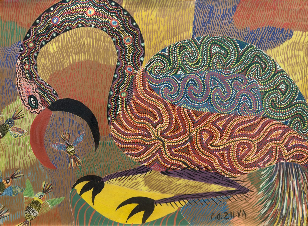 A huge bird with a hooked, beaded neck and coiled body, perched above four small crested birds. Fantastic Bird and Fledglings, Chico da Silva, c. 1969, gouache on paper.