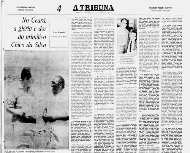Black-and-white newspaper page: headline "No Ceará, a glória e a dor do primitivo Chico da Silva", a large photograph of two men greeting each other outdoors, a smaller photograph of an official meeting, and four columns of text.