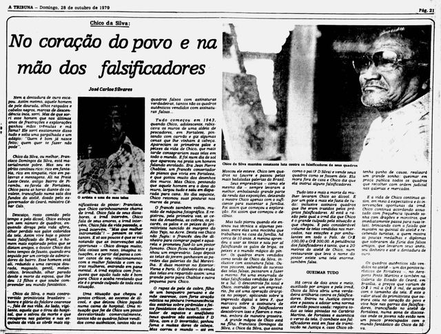 Black-and-white newspaper page: headline "No coração do povo e na mão dos falsificadores", a large portrait of the painter in glasses, a smaller photograph of him beside a canvas, and columns of text.