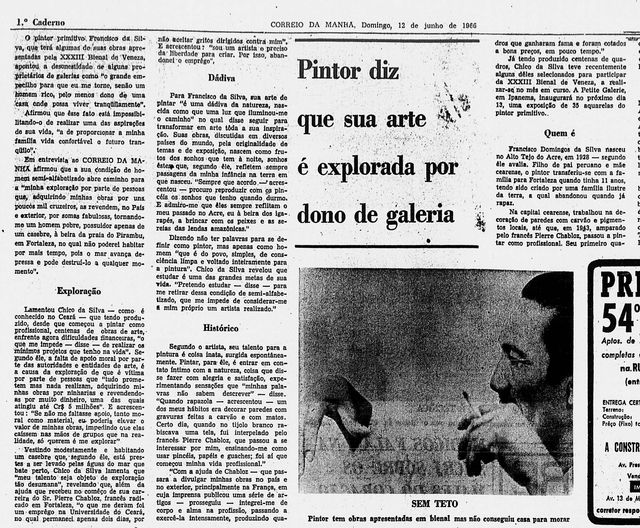 Newspaper clipping: columns of text around a stacked headline and a photograph captioned "Sem teto", the painter in profile with a cigarette.
