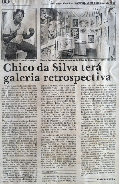 Página de jornal. Duas fotografias no alto: o filho do pintor, sentado e gesticulando enquanto fala, e um box fechado do aeroporto com as paredes tomadas de quadros. Abaixo, manchete em duas linhas sobre três colunas de texto.