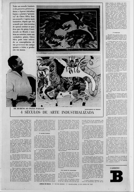 Newspaper page: photograph of Chico da Silva in a white shirt, laughing, beside large reproductions of paintings of fantastic animals, under a headline about four centuries of industrialized art.
