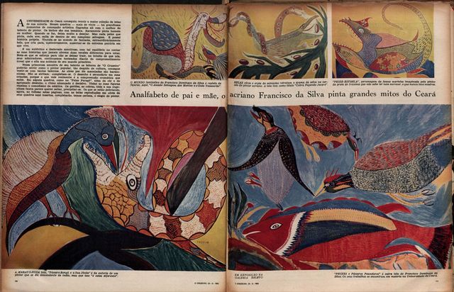 Magazine double page: six colour reproductions of paintings with dragons, snakes, birds and fish around a Portuguese headline about the Acre-born painter Francisco da Silva.