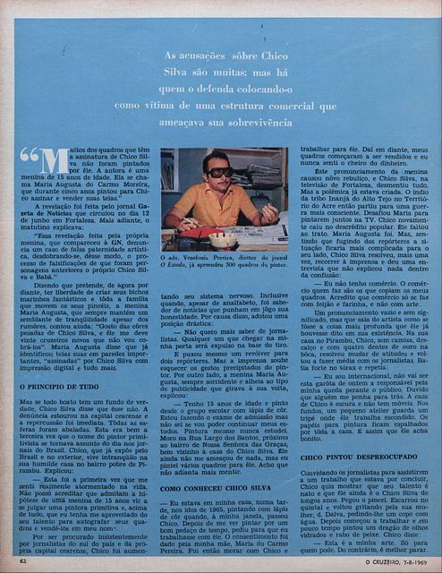 Magazine page on a blue background: the text opens with the statement that many canvases signed Chico Silva were painted by a fifteen-year-old girl; a photograph shows a man in dark glasses at a desk.