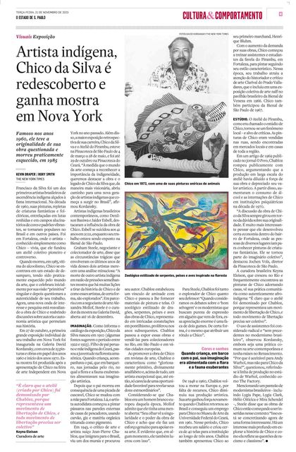 Modern newspaper page: a headline on the painter's rediscovery, a black-and-white photograph of him holding a fish painting, and a colour reproduction of a tree full of birds.