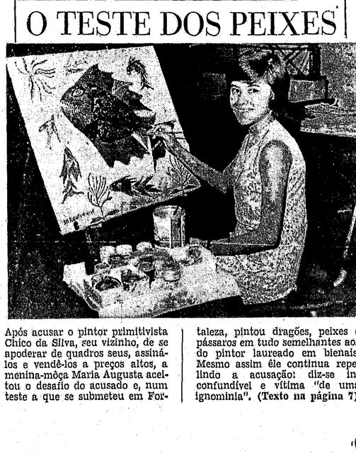 Front-page newspaper box titled "O teste dos peixes": a teenage girl seated at an easel paints a large dark fish, rows of paint pots beside her.