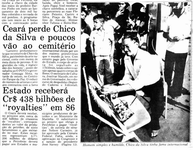 Front-page block: a headline on the painter's death and sparse funeral, beside a photograph of him seated outdoors in a deckchair, brush in hand, watched by bystanders.
