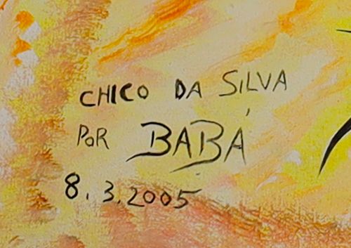 Detalhe da assinatura pintada: «CHICO DA SILVA / POR BABÁ»