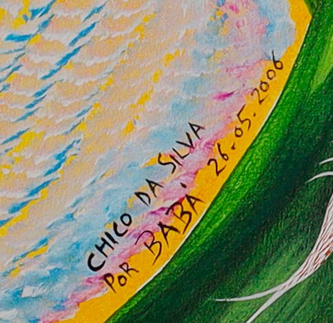Detalhe da assinatura pintada: «CHICO DA SILVA / POR BABÁ»
