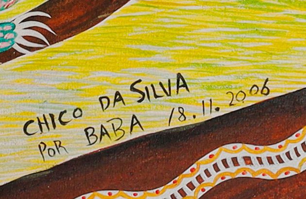 Detalle de la firma pintada: «CHICO DA SILVA / POR BABA»